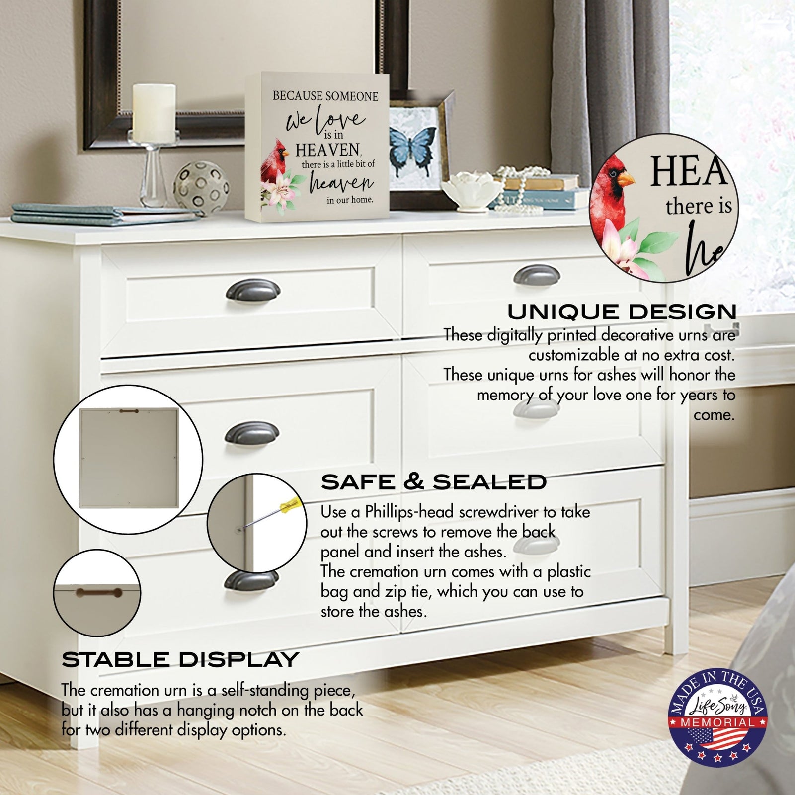 Wooden shadow box urn for human ashes. The urn, adorned with a red cardinal and floral accents, is displayed atop a white dresser in a serene bedroom setting, with informational callouts highlighting its stable design, secure closure, and hanging display option. Perfect for adult memorial tributes.