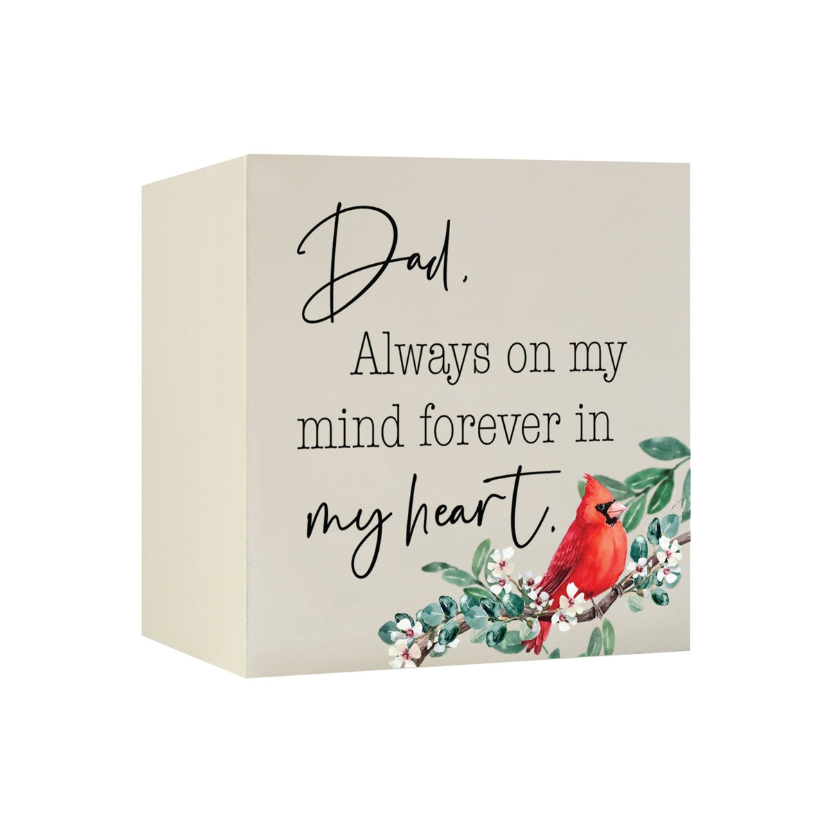 Close-up of a beautiful wooden shadow box urn for Dad, accented with a red cardinal and white flowers. This adult memorial urn is both a heartfelt tribute and a decorative piece.
