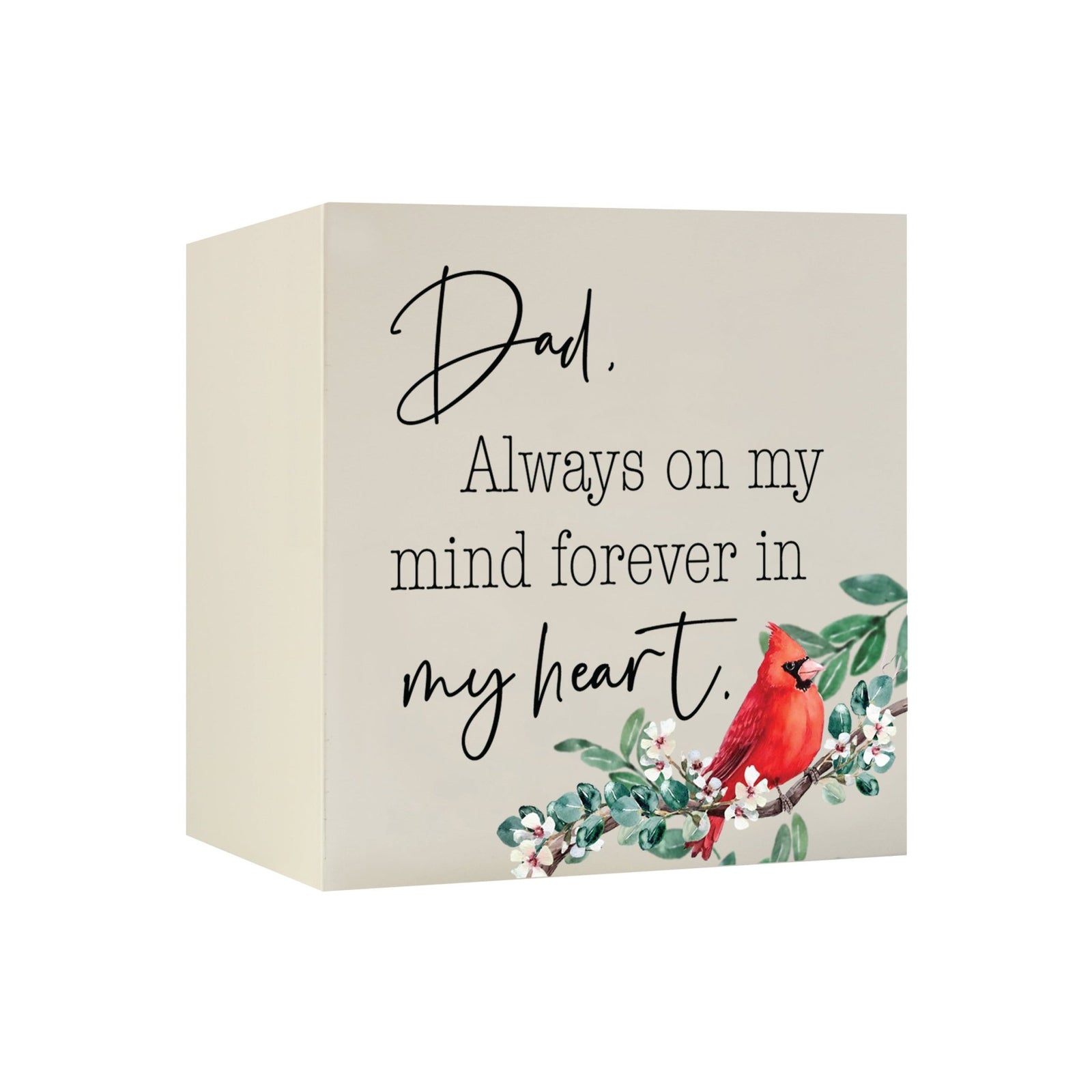Close-up of a beautiful wooden shadow box urn for Dad, accented with a red cardinal and white flowers. This adult memorial urn is both a heartfelt tribute and a decorative piece.