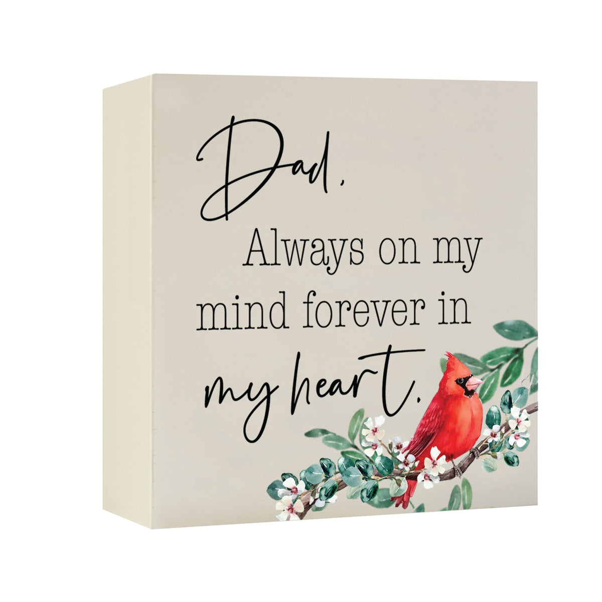 Close-up of a beautiful wooden shadow box urn for human ashes, accented with a red cardinal and white flowers. This adult memorial urn is both a heartfelt tribute and a decorative piece.