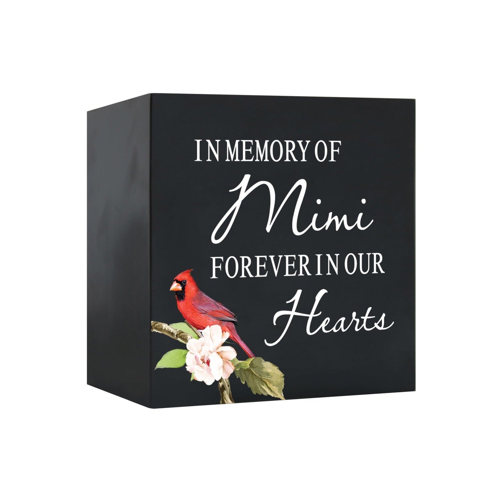 Close-up of a beautiful wooden shadow box urn for human ashes, accented with a red cardinal and white flowers. This adult memorial urn is both a heartfelt tribute and a decorative piece.