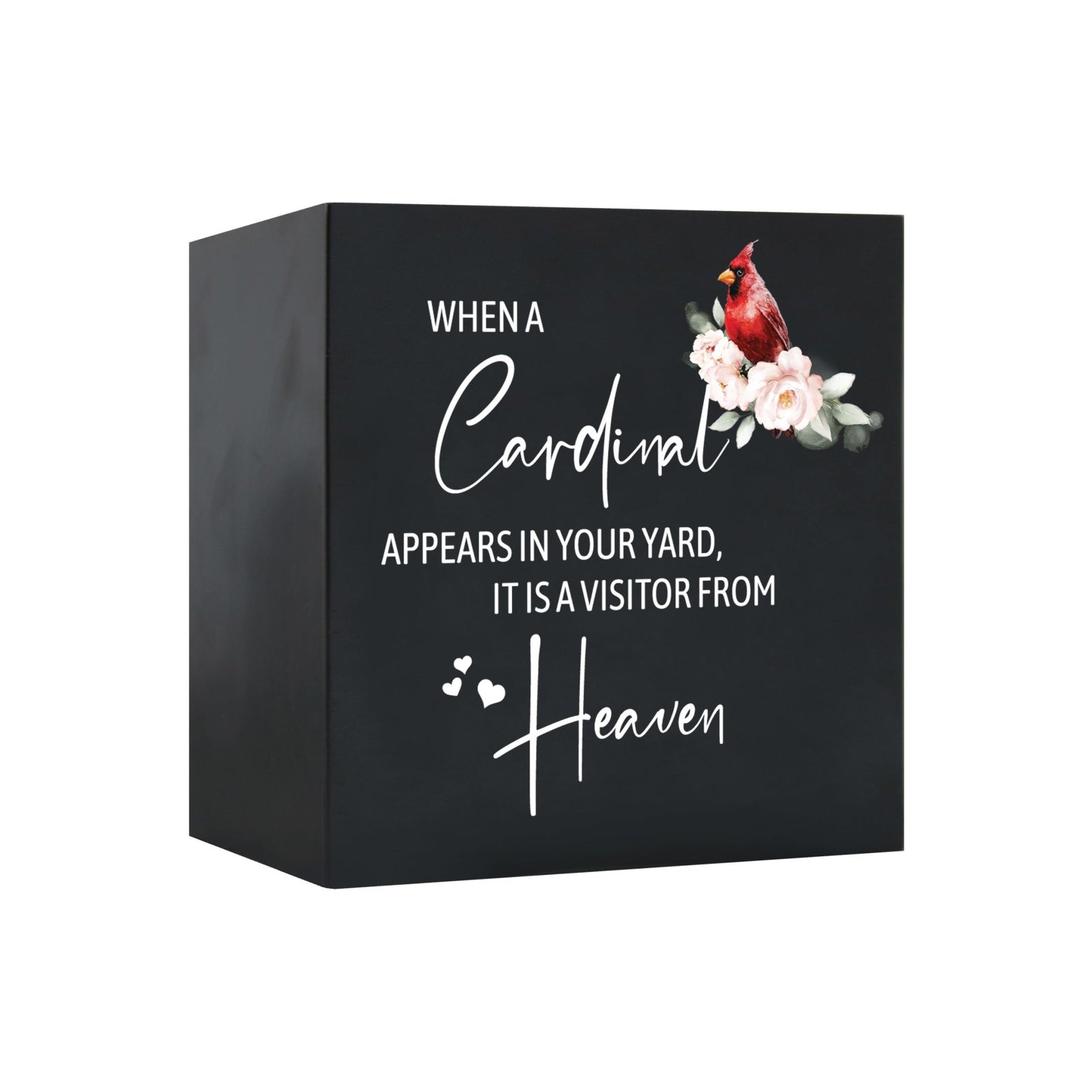 Close-up of a beautiful wooden shadow box urn for human ashes, accented with a red cardinal and white flowers. This adult memorial urn is both a heartfelt tribute and a decorative piece.