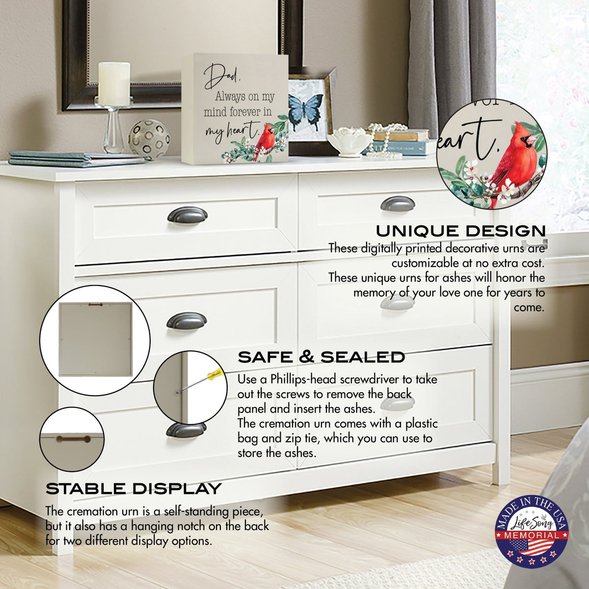 Wooden shadow box urn for human ashes. The urn, adorned with a red cardinal and floral accents, is displayed atop a white dresser in a serene bedroom setting, with informational callouts highlighting its stable design, secure closure, and hanging display option. Perfect for adult memorial tributes.