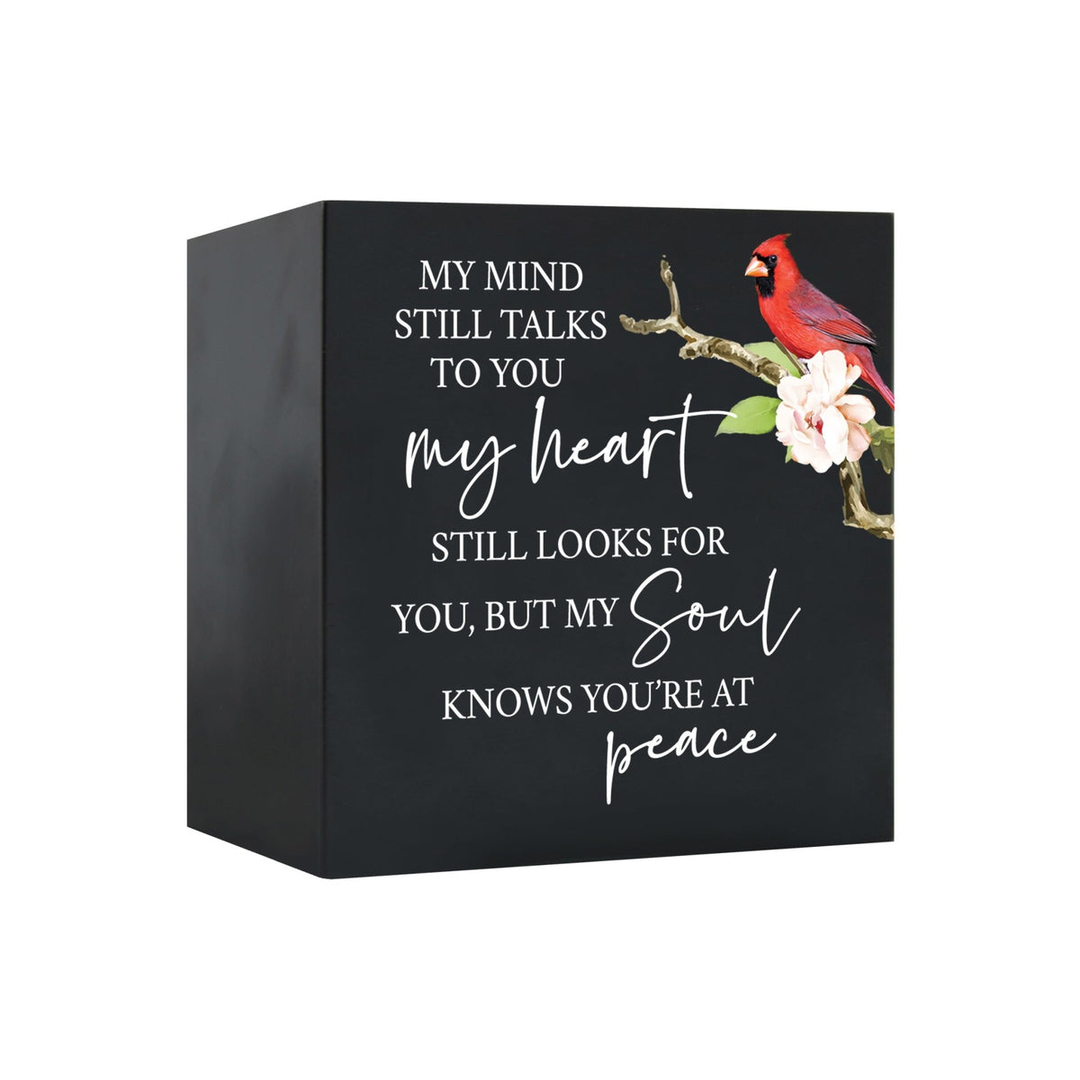 Close-up of a beautiful wooden shadow box urn for human ashes, accented with a red cardinal and white flowers. This adult memorial urn is both a heartfelt tribute and a decorative piece.