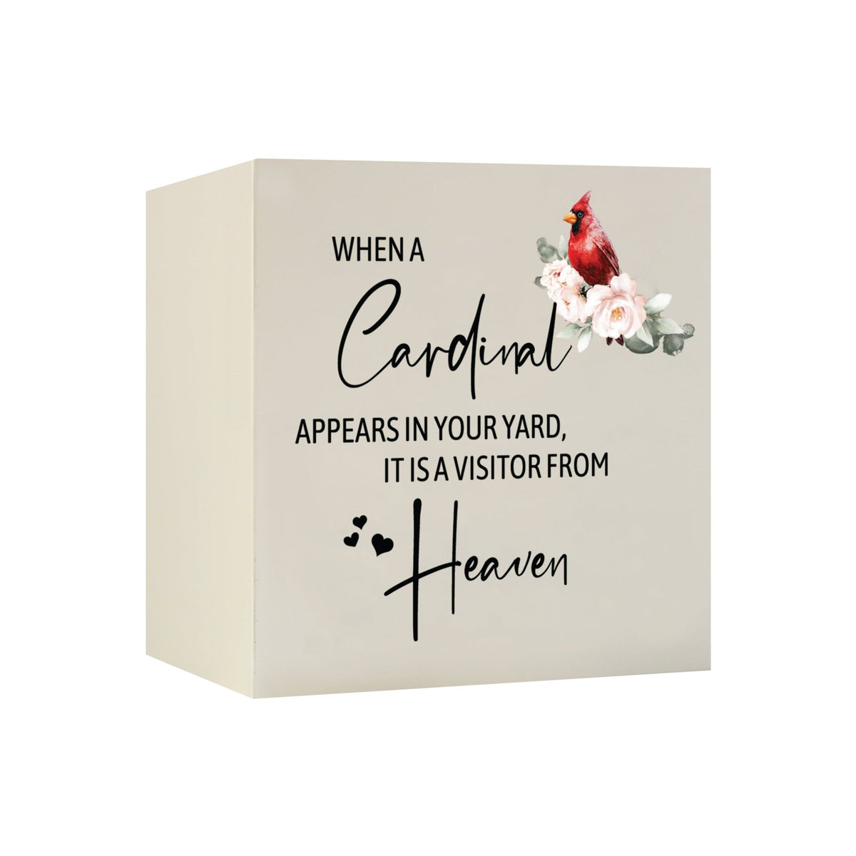Close-up of a beautiful wooden shadow box urn for human ashes, accented with a red cardinal and white flowers. This adult memorial urn is both a heartfelt tribute and a decorative piece.