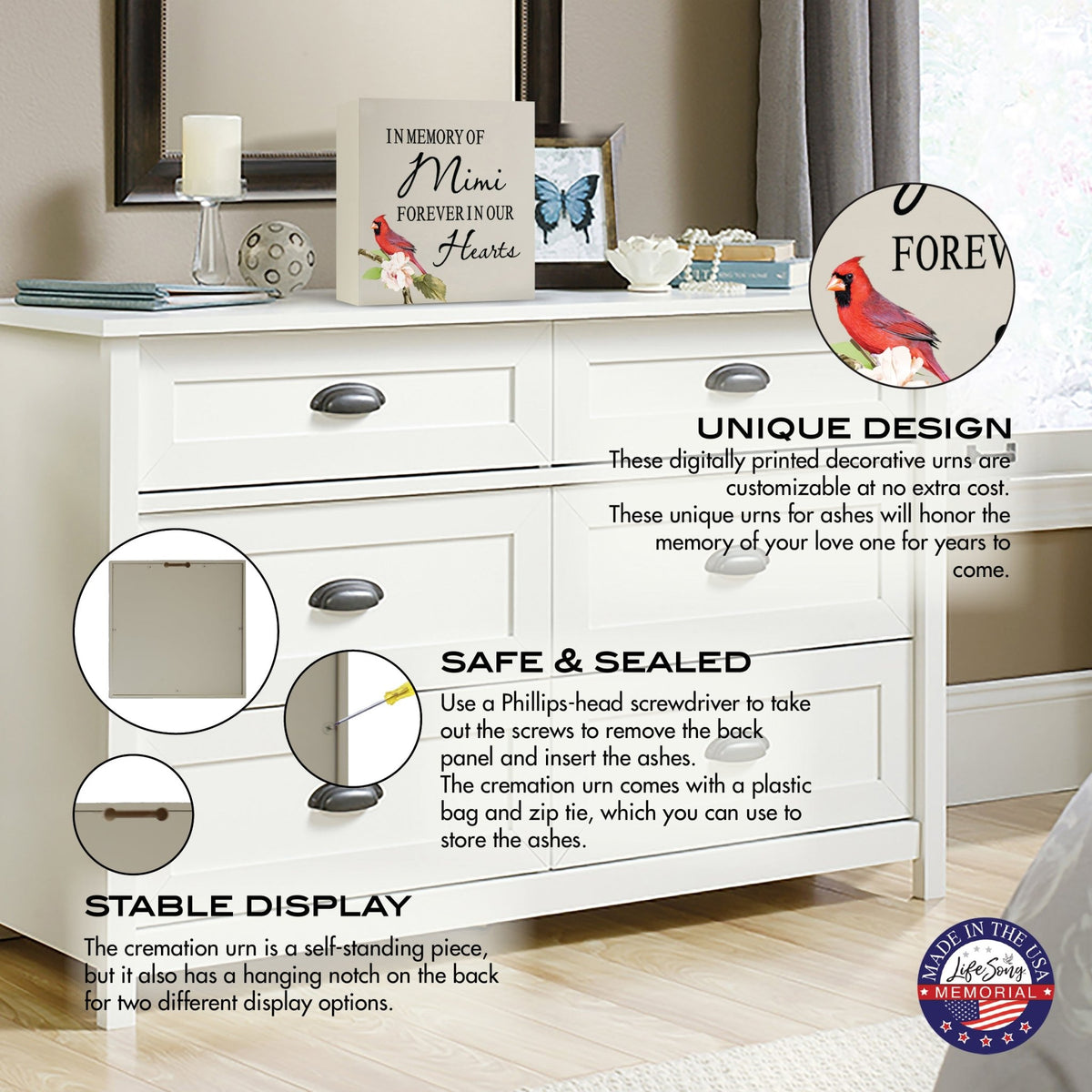 Wooden shadow box urn for human ashes. The urn, adorned with a red cardinal and floral accents, is displayed atop a white dresser in a serene bedroom setting, with informational callouts highlighting its stable design, secure closure, and hanging display option. Perfect for adult memorial tributes.