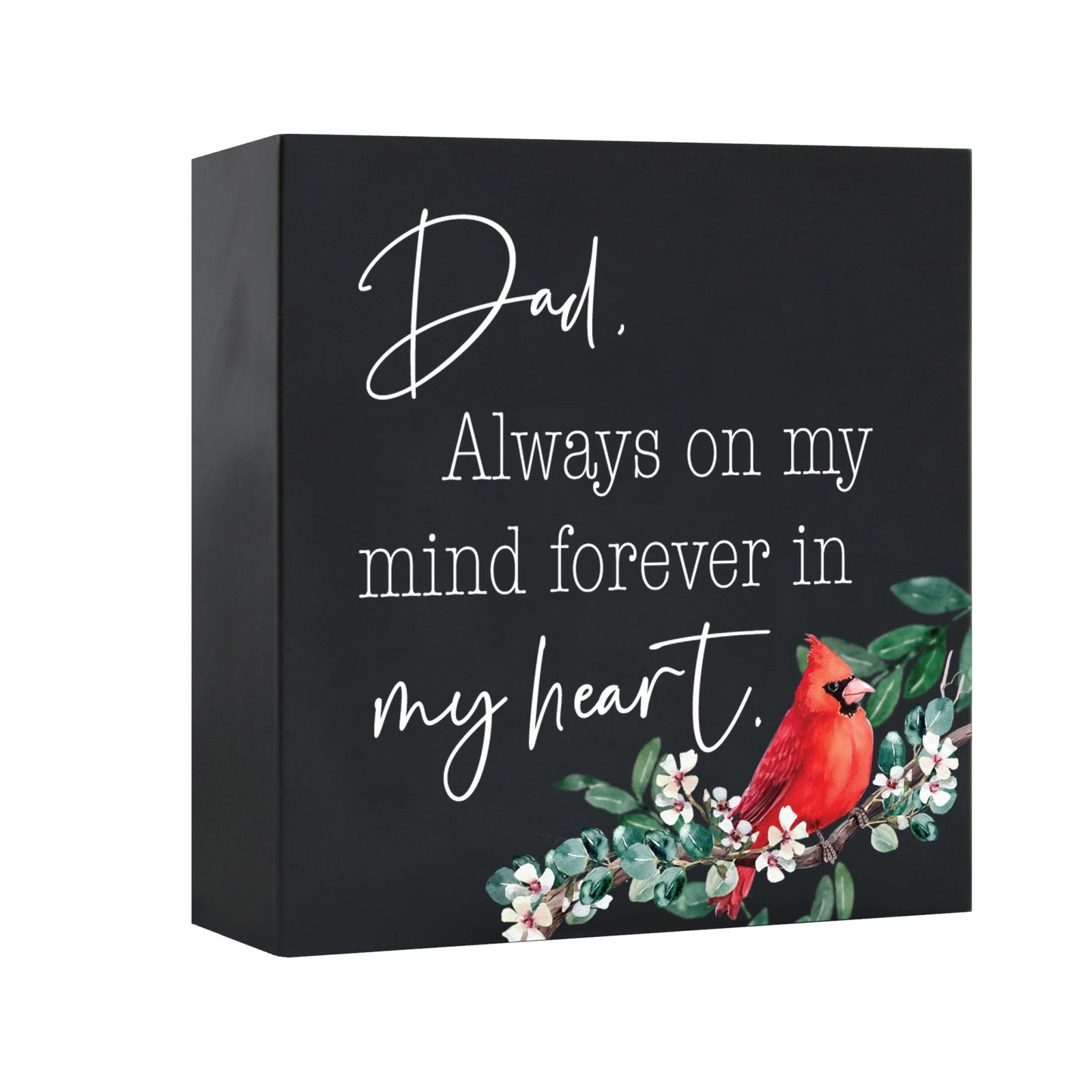 Close-up of a beautiful wooden shadow box urn for human ashes, accented with a red cardinal and white flowers. This adult memorial urn is both a heartfelt tribute and a decorative piece.