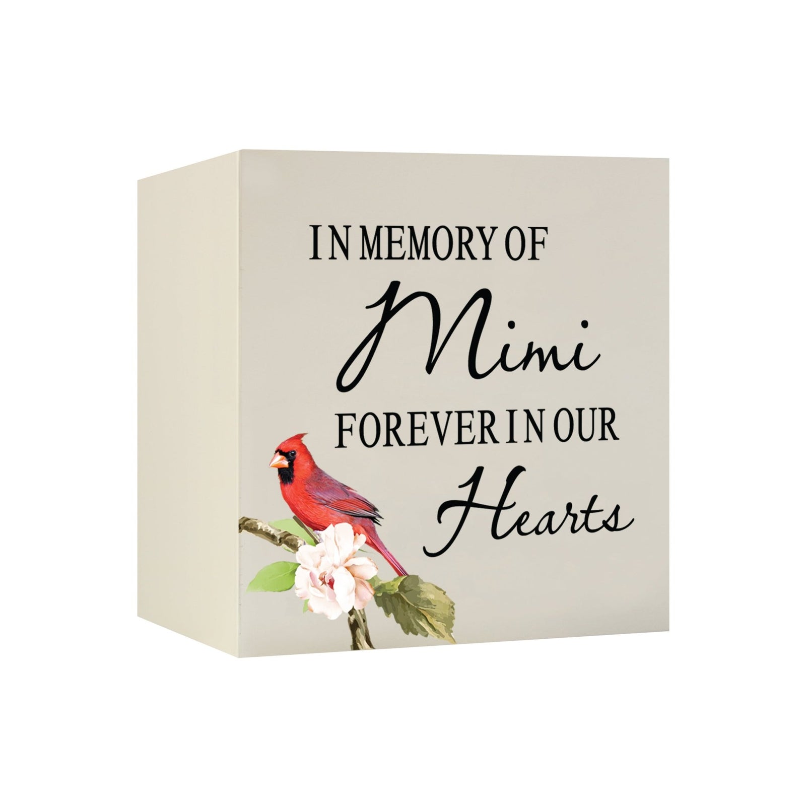 Close-up of a beautiful wooden shadow box urn for human ashes, accented with a red cardinal and white flowers. This adult memorial urn is both a heartfelt tribute and a decorative piece.