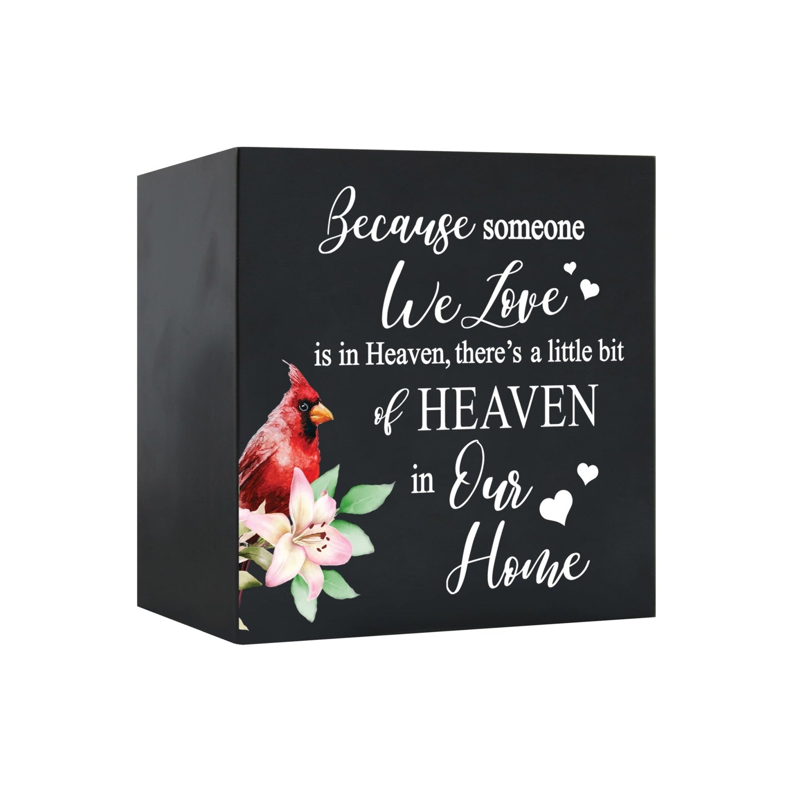 Close-up of a beautiful wooden shadow box urn for human ashes, accented with a red cardinal and white flowers. This adult memorial urn is both a heartfelt tribute and a decorative piece.
