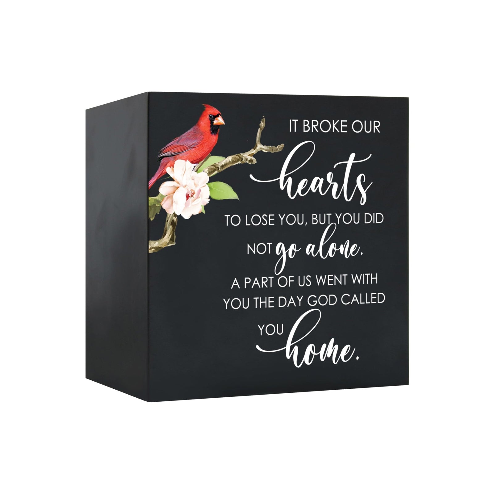 Close-up of a beautiful wooden shadow box urn for human ashes, accented with a red cardinal and white flowers. This adult memorial urn is both a heartfelt tribute and a decorative piece.