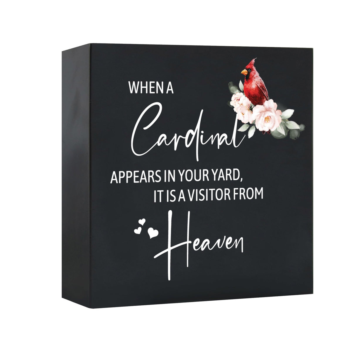 Close-up of a beautiful wooden shadow box urn for human ashes, accented with a red cardinal and white flowers. This adult memorial urn is both a heartfelt tribute and a decorative piece.