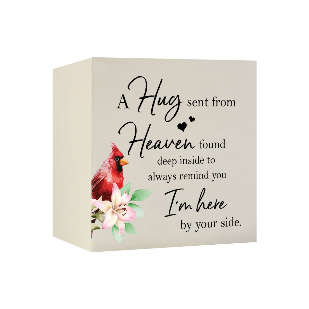 Close-up of a beautiful wooden shadow box urn for human ashes, accented with a red cardinal and white flowers. This adult memorial urn is both a heartfelt tribute and a decorative piece.