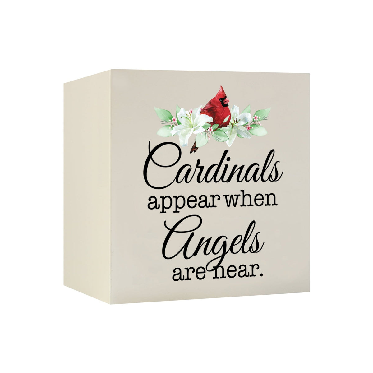 Close-up of a beautiful wooden shadow box urn for human ashes, accented with a red cardinal and white flowers. This adult memorial urn is both a heartfelt tribute and a decorative piece.