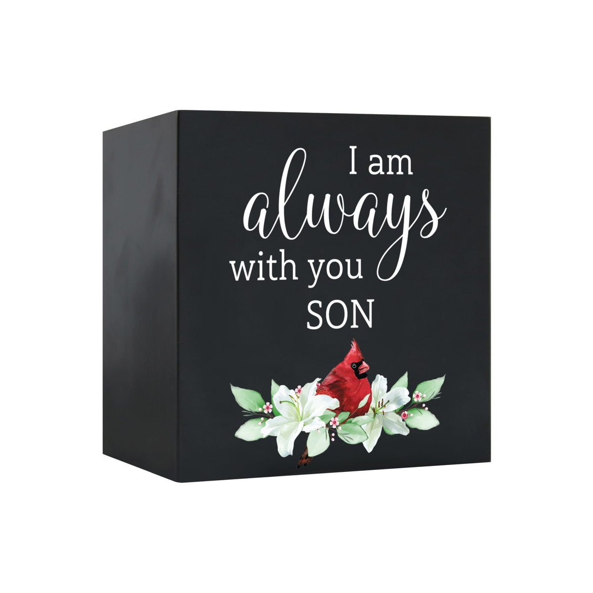 Close-up of a beautiful wooden shadow box urn for human ashes, accented with a red cardinal and white flowers. This adult memorial urn is both a heartfelt tribute and a decorative piece.