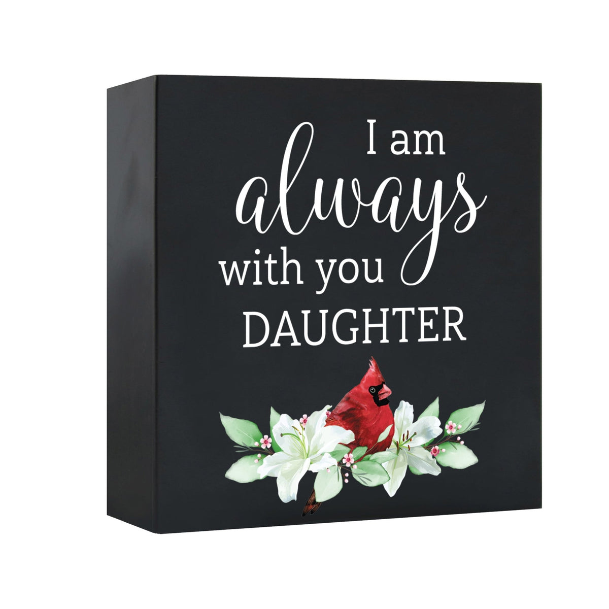 Close-up of a beautiful wooden shadow box urn for human ashes, accented with a red cardinal and white flowers. This adult memorial urn is both a heartfelt tribute and a decorative piece.