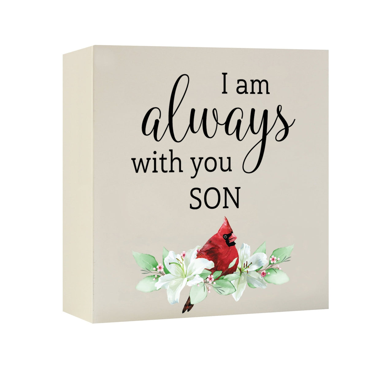 Close-up of a beautiful wooden shadow box urn for human ashes, accented with a red cardinal and white flowers. This adult memorial urn is both a heartfelt tribute and a decorative piece.