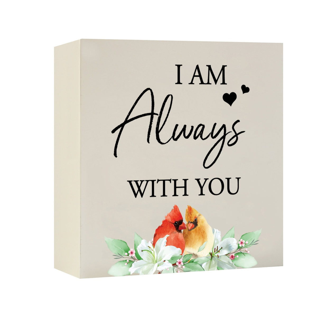 Close-up of a beautiful wooden shadow box urn for human ashes, accented with a red cardinal and white flowers. This adult memorial urn is both a heartfelt tribute and a decorative piece.