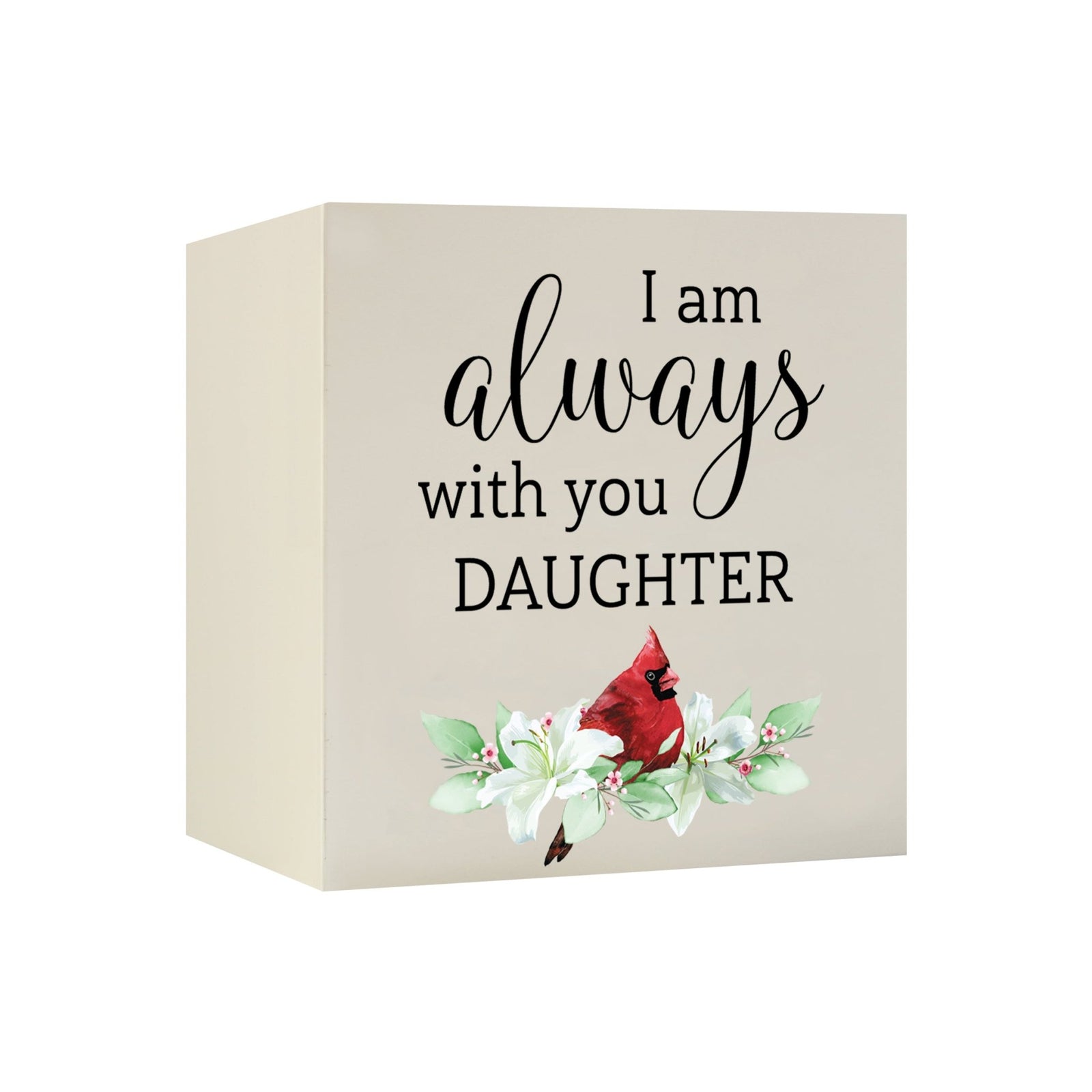 Close-up of a beautiful wooden shadow box urn for human ashes, accented with a red cardinal and white flowers. This adult memorial urn is both a heartfelt tribute and a decorative piece.