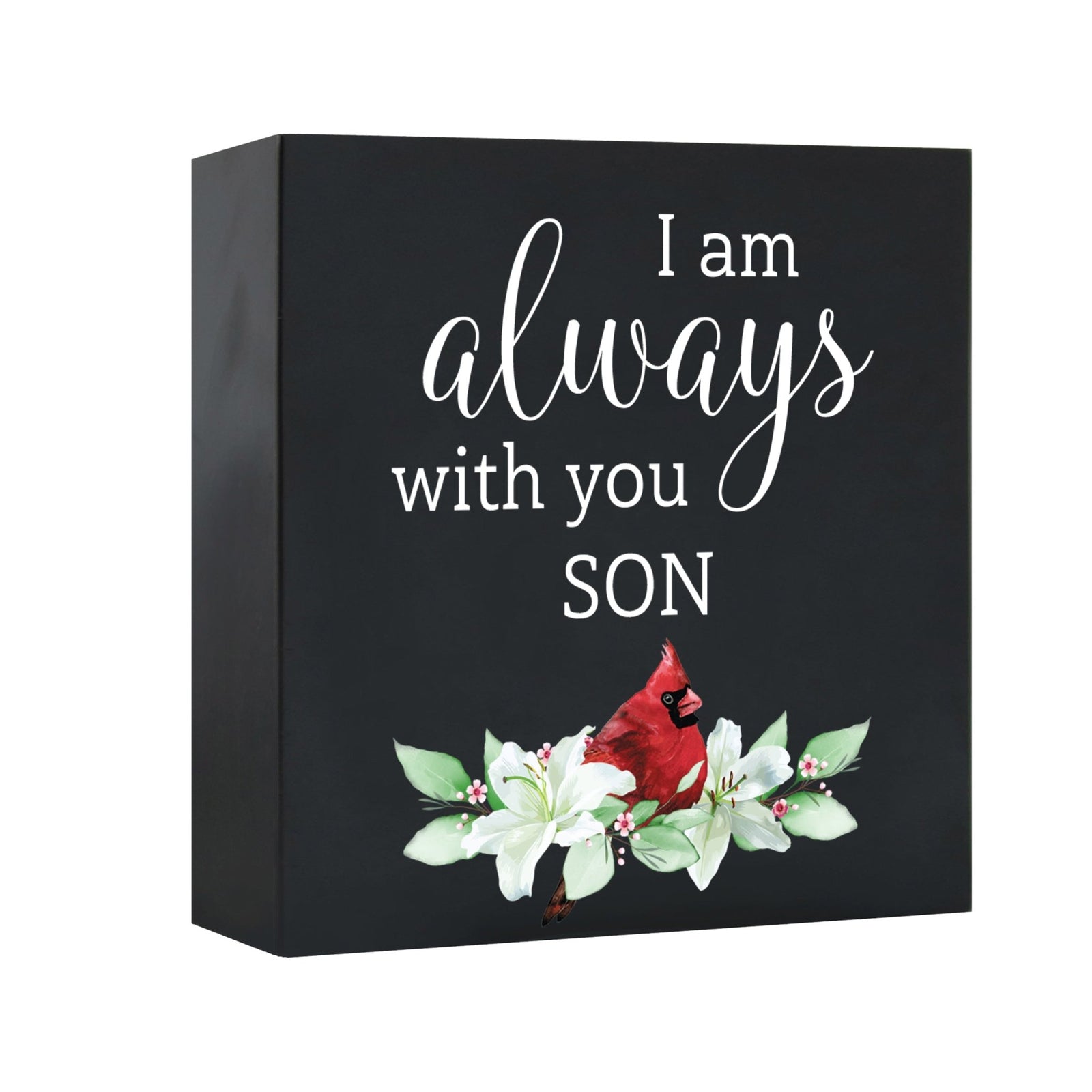 Close-up of a beautiful wooden shadow box urn for human ashes, accented with a red cardinal and white flowers. This adult memorial urn is both a heartfelt tribute and a decorative piece.