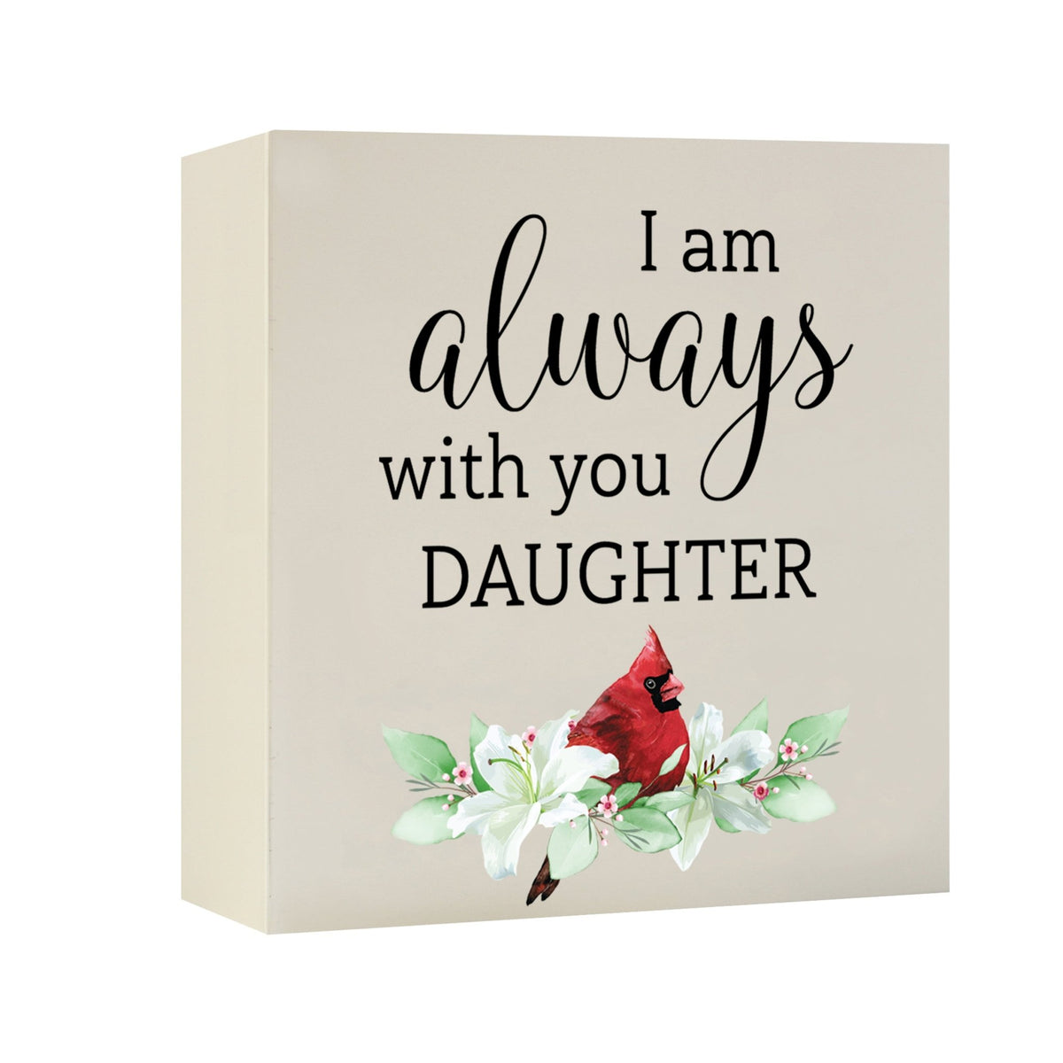 Close-up of a beautiful wooden shadow box urn for human ashes, accented with a red cardinal and white flowers. This adult memorial urn is both a heartfelt tribute and a decorative piece.