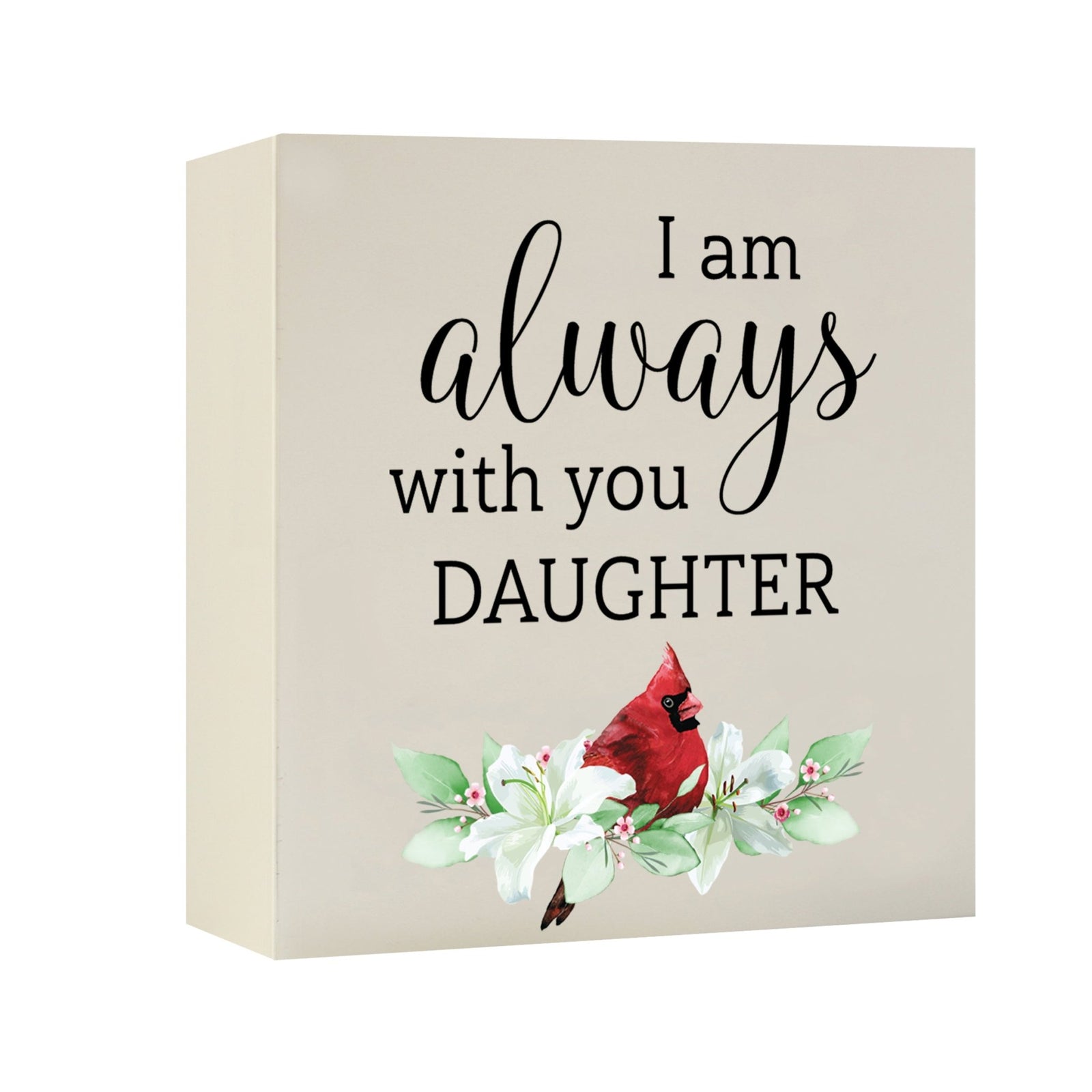 Close-up of a beautiful wooden shadow box urn for human ashes, accented with a red cardinal and white flowers. This adult memorial urn is both a heartfelt tribute and a decorative piece.