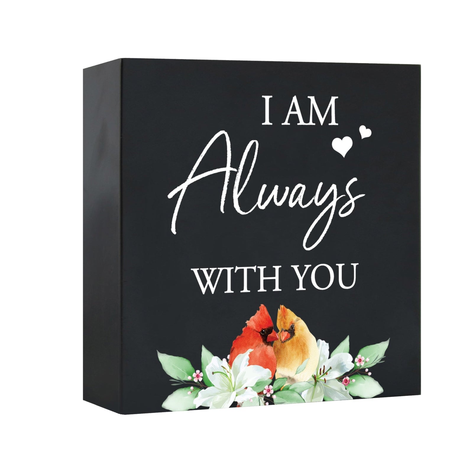 Close-up of a beautiful wooden shadow box urn for human ashes, accented with a red cardinal and white flowers. This adult memorial urn is both a heartfelt tribute and a decorative piece.