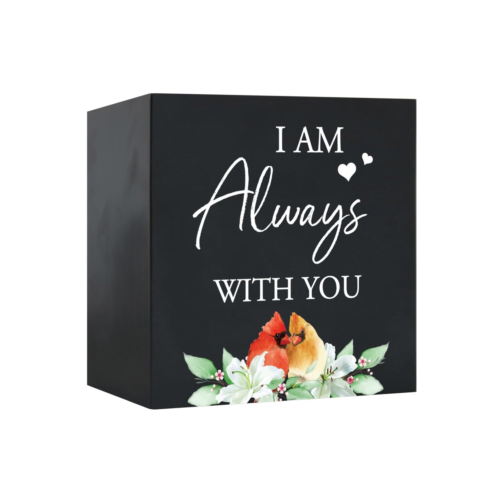 Close-up of a beautiful wooden shadow box urn for human ashes, accented with a red cardinal and white flowers. This adult memorial urn is both a heartfelt tribute and a decorative piece.