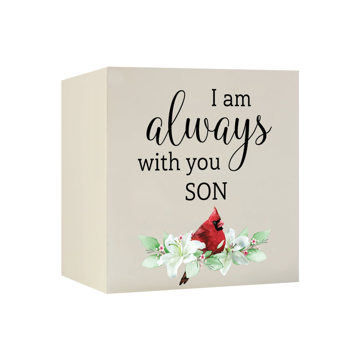Close-up of a beautiful wooden shadow box urn for human ashes, accented with a red cardinal and white flowers. This adult memorial urn is both a heartfelt tribute and a decorative piece.