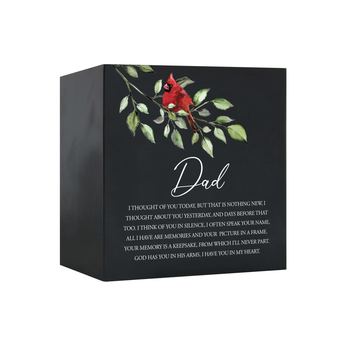Close-up of a beautiful wooden black shadow box urn for dad accented with a red cardinal and white flowers. This adult memorial urn is both a heartfelt tribute and a decorative piece.
