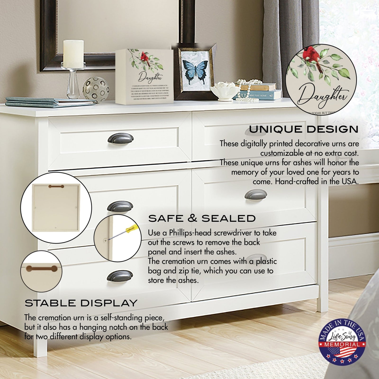 Wooden shadow box urn for human ashes. The urn, adorned with a red cardinal and floral accents, is displayed atop a white dresser in a serene bedroom setting, with informational callouts highlighting its stable design, secure closure, and hanging display option. Perfect for adult memorial tributes.