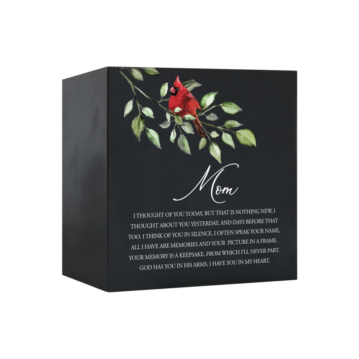 Close-up of a beautiful wooden black shadow box urn for mom accented with a red cardinal and white flowers. This adult memorial urn is both a heartfelt tribute and a decorative piece.