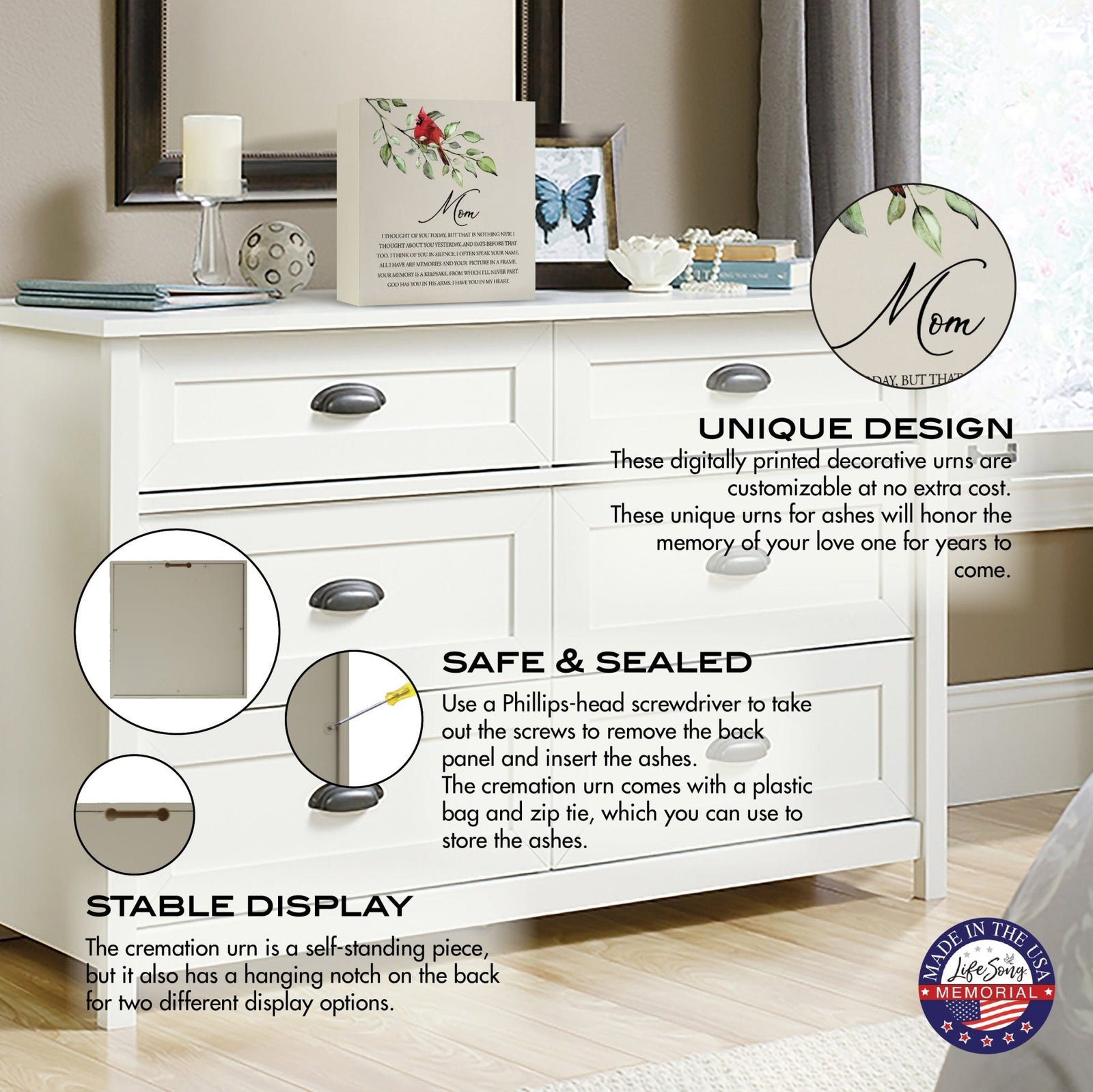 Wooden shadow box urn for human ashes.  The urn, adorned with a red cardinal and floral accents, is displayed atop a white dresser in a serene bedroom setting, with informational callouts highlighting its stable design, secure closure, and hanging display option. Perfect for adult memorial tributes.