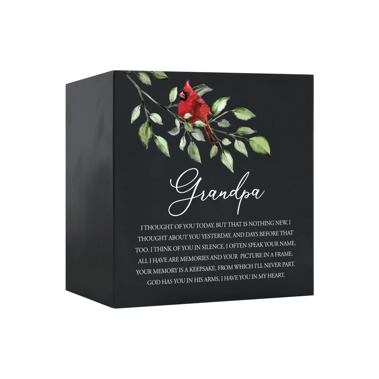 Close-up of a beautiful wooden shadow box urn for grandpa, accented with a red cardinal and white flowers. This adult memorial urn is both a heartfelt tribute and a decorative piece.