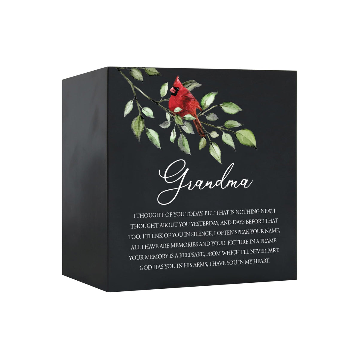 Close-up of a beautiful wooden shadow box urn for grandma, accented with a red cardinal and white flowers. This adult memorial urn is both a heartfelt tribute and a decorative piece.