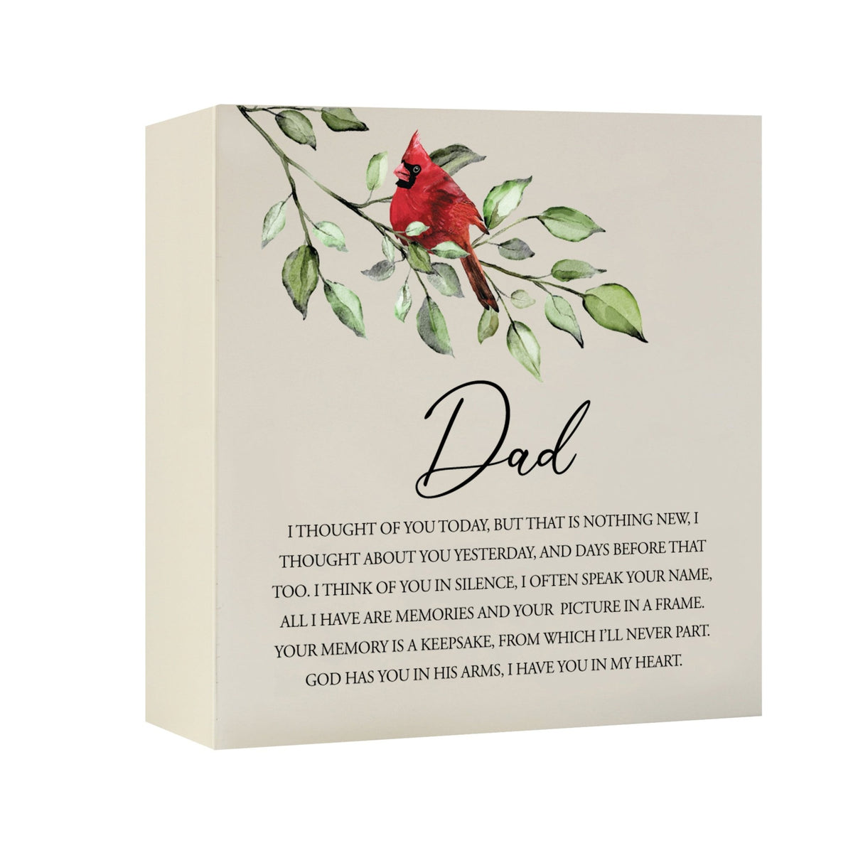 Close-up of a beautiful wooden cream shadow box urn for dad accented with a red cardinal and white flowers. This adult memorial urn is both a heartfelt tribute and a decorative piece.