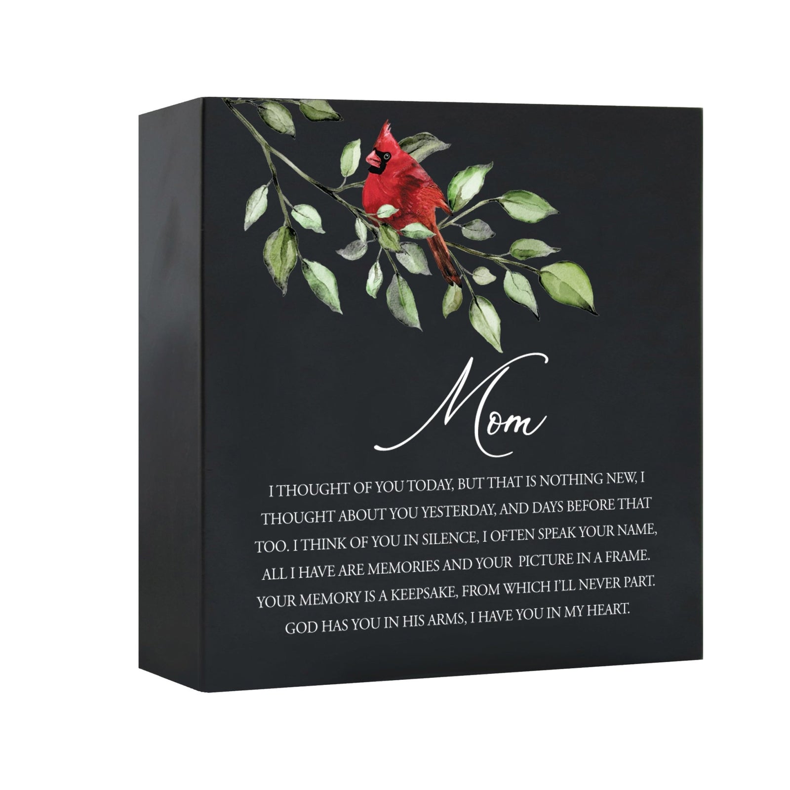 Close-up of a beautiful wooden black shadow box urn for mom accented with a red cardinal and white flowers. This adult memorial urn is both a heartfelt tribute and a decorative piece.