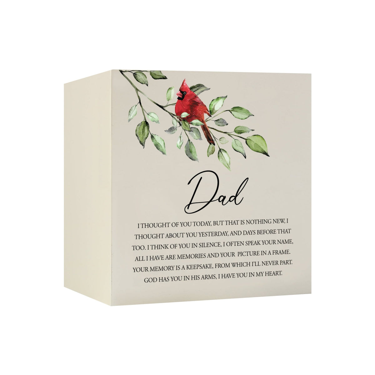 Close-up of a beautiful wooden cream shadow box urn for dad accented with a red cardinal and white flowers. This adult memorial urn is both a heartfelt tribute and a decorative piece.