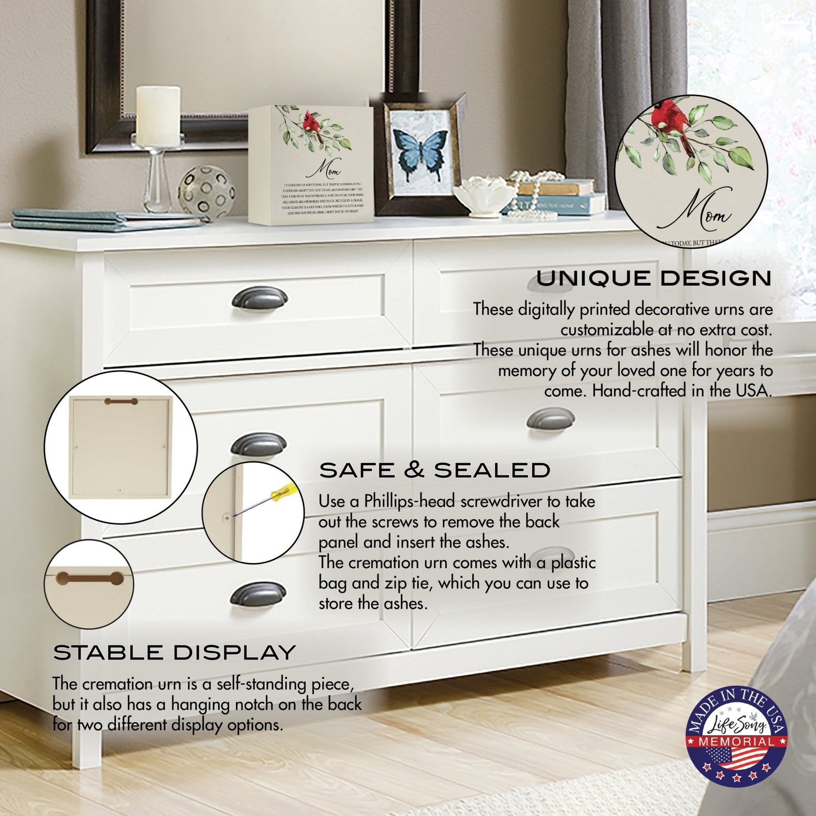 Wooden shadow box urn for human ashes.  The urn, adorned with a red cardinal and floral accents, is displayed atop a white dresser in a serene bedroom setting, with informational callouts highlighting its stable design, secure closure, and hanging display option. Perfect for adult memorial tributes.