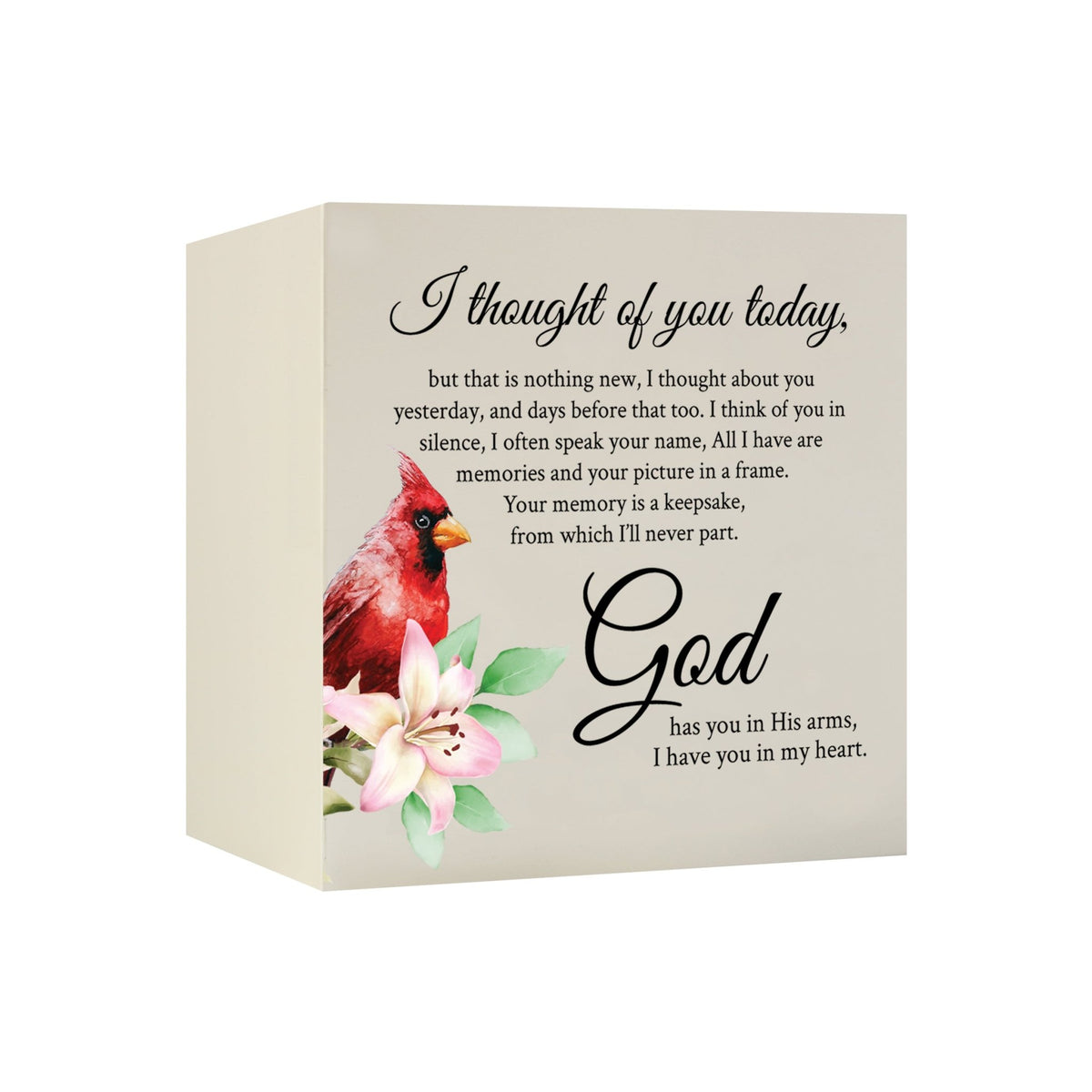 Close-up of a beautiful wooden shadow box urn for human ashes accented with a red cardinal and white flowers. This adult memorial urn is both a heartfelt tribute and a decorative piece.