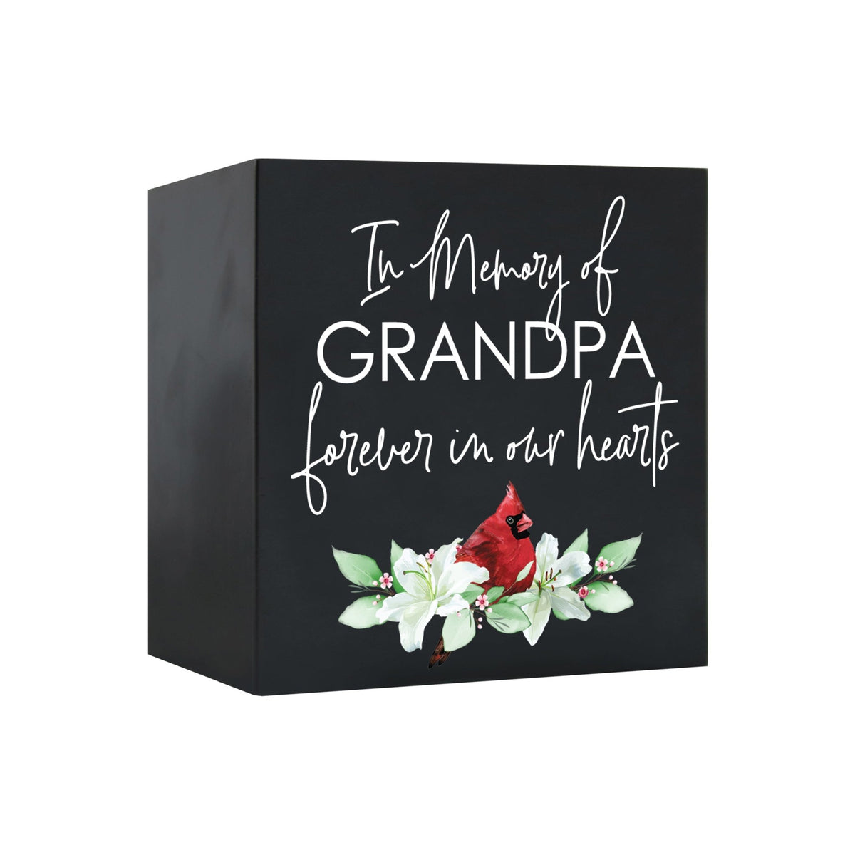 Close-up of a beautiful wooden shadow box urn for human ashes, featuring the text 'In Memory of Grandpa, forever in our hearts,' accented with a red cardinal and white flowers. This adult memorial urn is both a heartfelt tribute and a decorative piece.