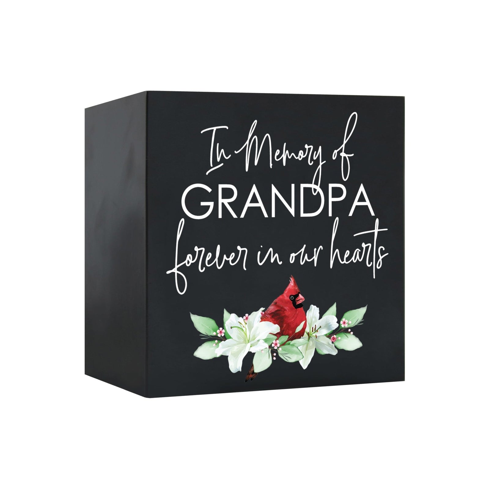 Close-up of a beautiful wooden shadow box urn for human ashes, featuring the text 'In Memory of Grandpa, forever in our hearts,' accented with a red cardinal and white flowers. This adult memorial urn is both a heartfelt tribute and a decorative piece.