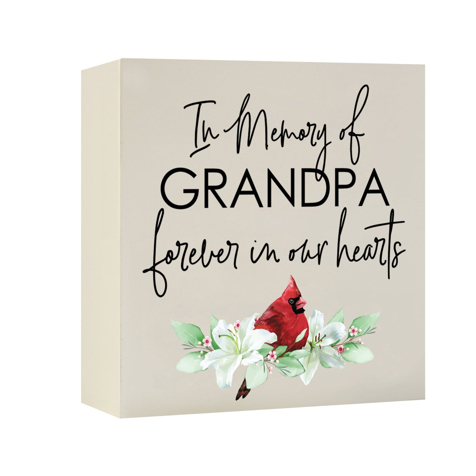 Close-up of a beautiful wooden shadow box urn for human ashes, featuring the text 'In Memory of Grandpa, forever in our hearts,' accented with a red cardinal and white flowers. This adult memorial urn is both a heartfelt tribute and a decorative piece.