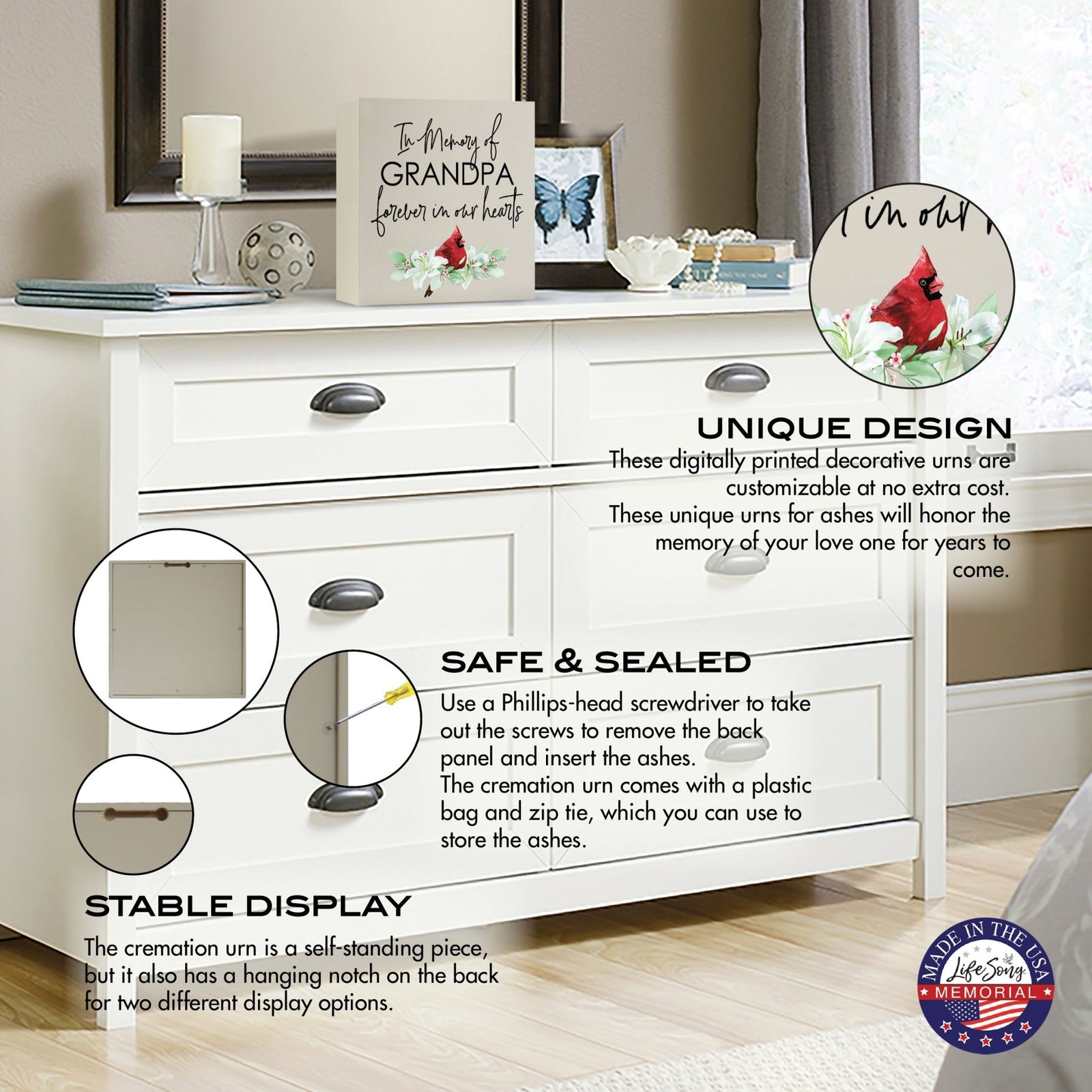 Wooden shadow box urn for human ashes.  The urn, adorned with a red cardinal and floral accents, is displayed atop a white dresser in a serene bedroom setting, with informational callouts highlighting its stable design, secure closure, and hanging display option. Perfect for adult memorial tributes.