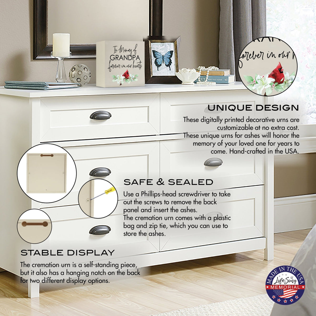 Wooden shadow box urn for human ashes.  The urn, adorned with a red cardinal and floral accents, is displayed atop a white dresser in a serene bedroom setting, with informational callouts highlighting its stable design, secure closure, and hanging display option. Perfect for adult memorial tributes.