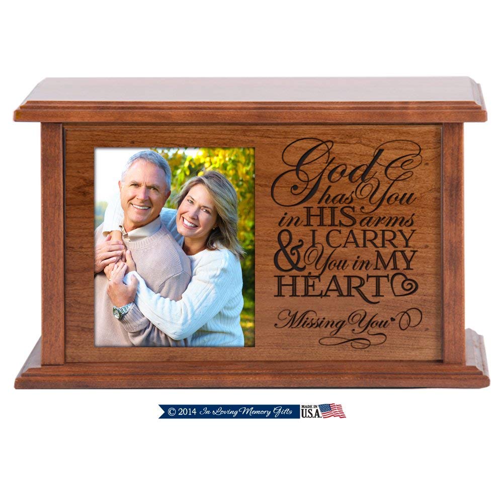 Memorial Wooden Cremation Urn with Picture Frame holds 4x5 photo God Has You - LifeSong Milestones