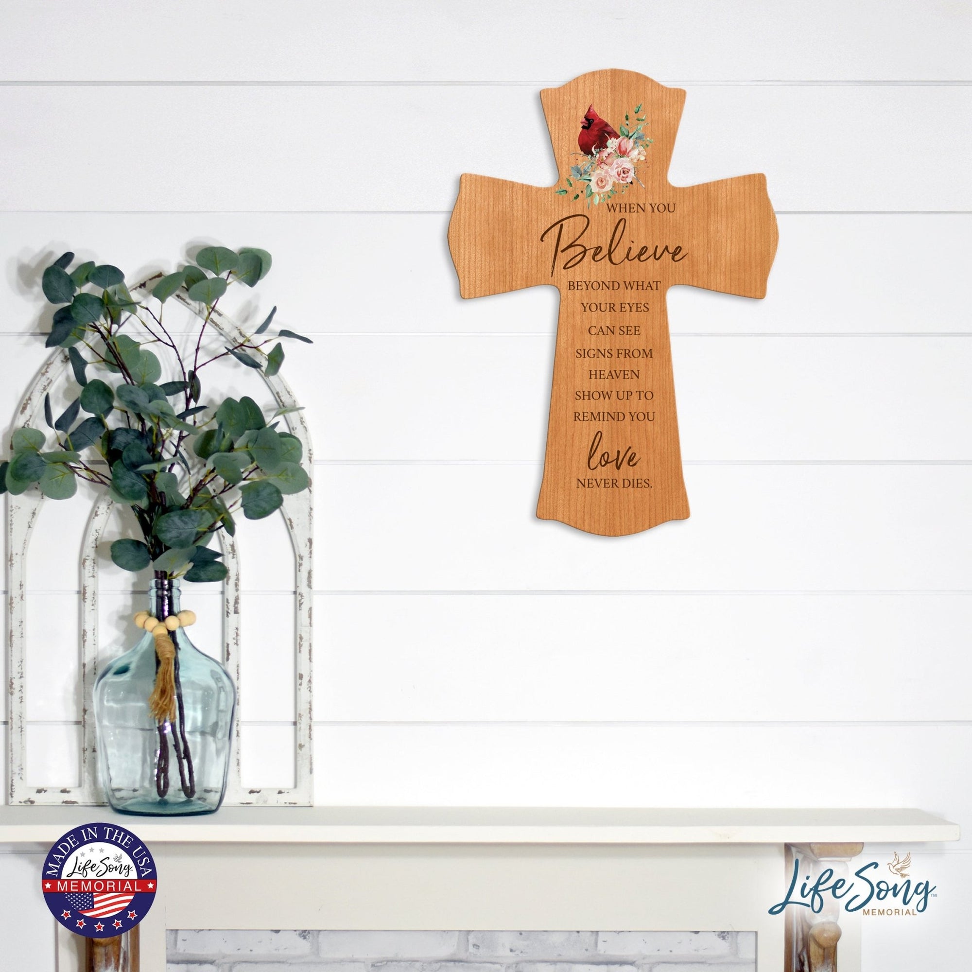 Memorial Wooden Wall Cross 8x11 Cardinal Bereavement Gift for Loss on Loved One – Love Never Dies - LifeSong Milestones
