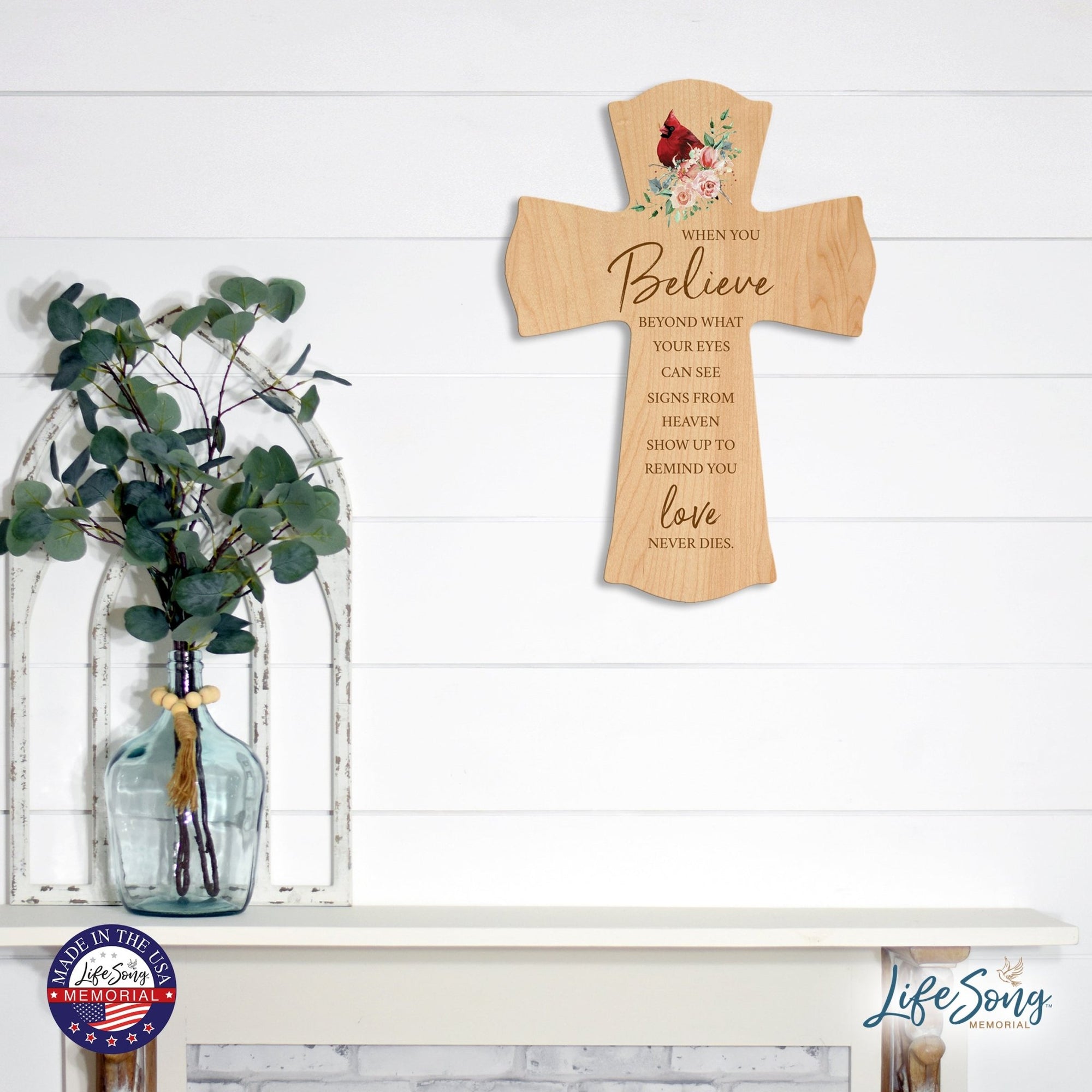 Memorial Wooden Wall Cross 8x11 Cardinal Bereavement Gift for Loss on Loved One – Love Never Dies - LifeSong Milestones