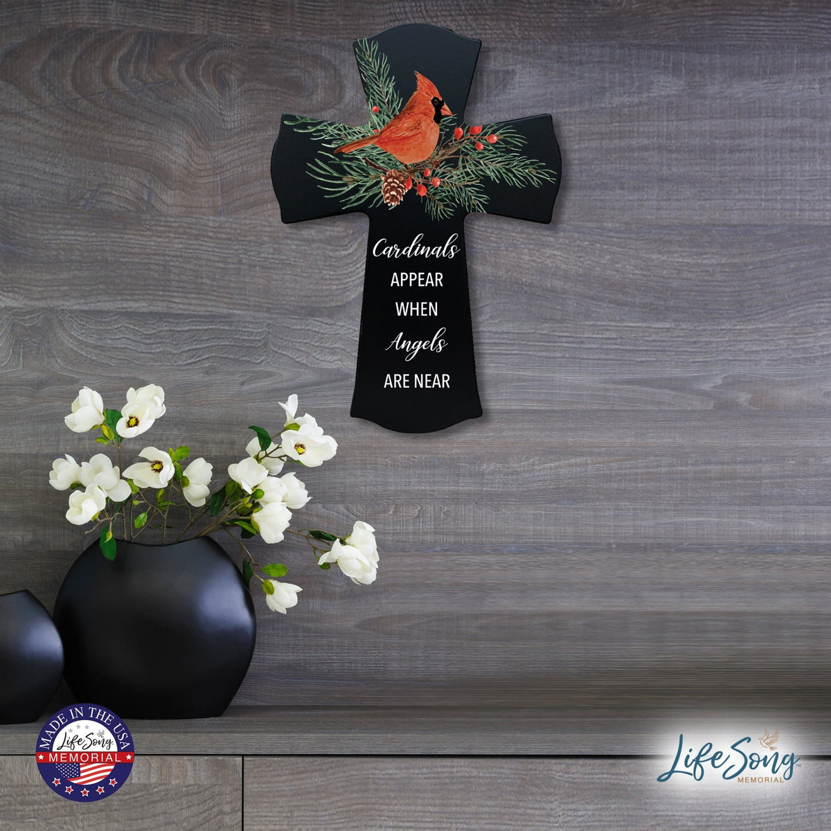 Memorial Wooden Wall Cross 8x11 Cardinal Bereavement Gift for Loss on Loved One – When Angels Are Near - LifeSong Milestones