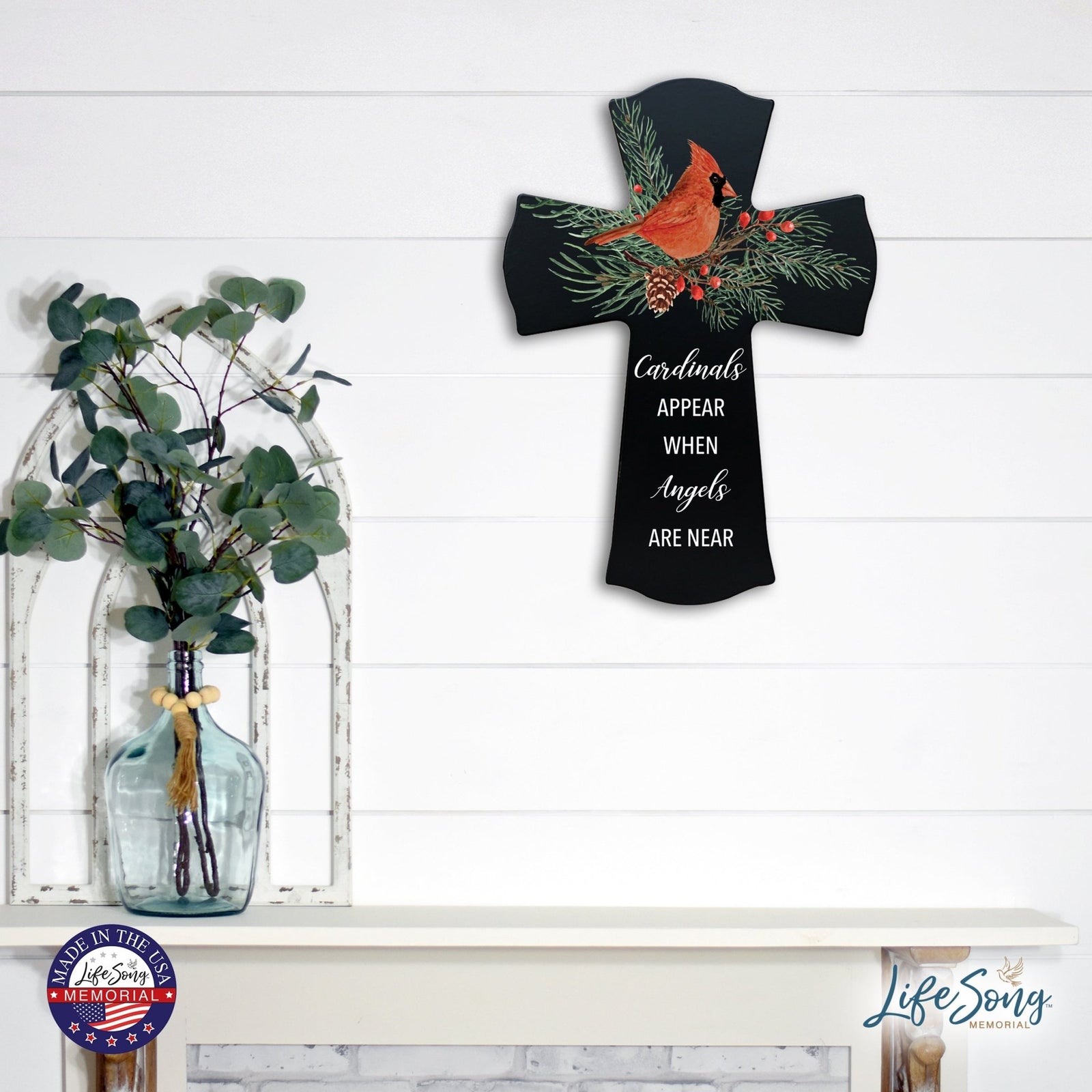 Memorial Wooden Wall Cross 8x11 Cardinal Bereavement Gift for Loss on Loved One – When Angels Are Near - LifeSong Milestones