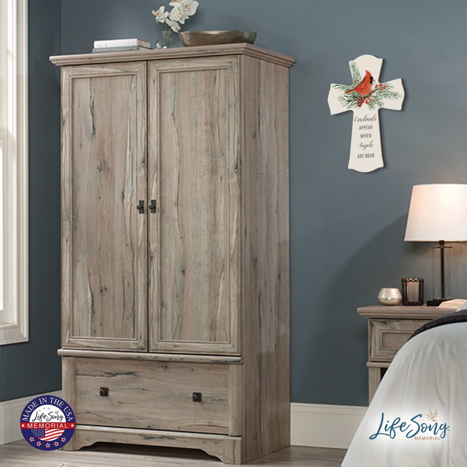 Memorial Wooden Wall Cross 8x11 Cardinal Bereavement Gift for Loss on Loved One – When Angels Are Near - LifeSong Milestones